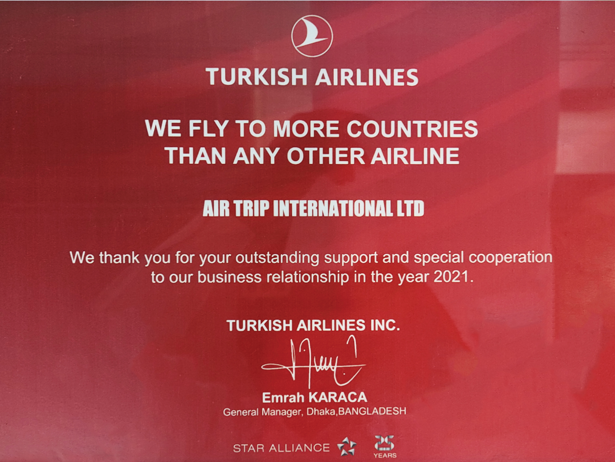 Appreciation Certificate from Turkish Airlines